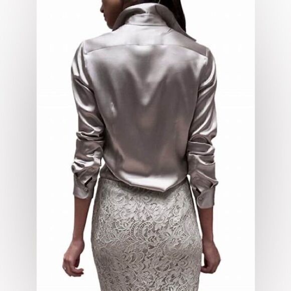 Ralph Lauren Silver Lace Midi Godet Trumpet Skirt - Picture 3 of 16